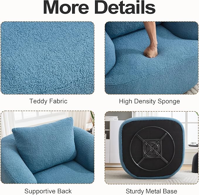 Luxlen Swivel Accent Chair with Pillow for Living Room Teddy Fleece Upholstered Single Sofa 360° Rotating Barrel Chair with Metal Base for Bedroom Office Apartment - Blue