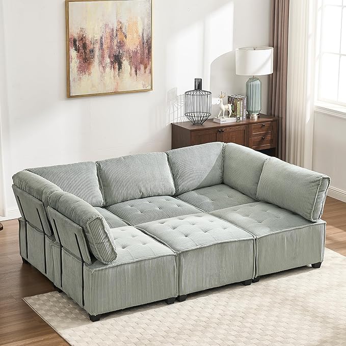 121 Inch Cloud Modular Sectional Sofa Oversized U Shaped Modular Couch with Reversible Chaise 6 Seat Comfy Convertible Sectional Sofa with Ottoman for Living Room Mint Green