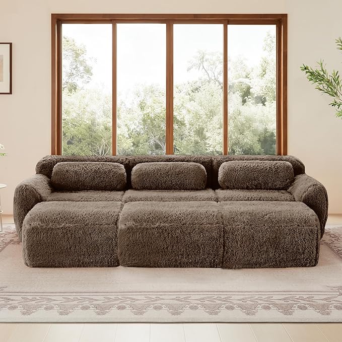 Boneless Couch Modular Sectional Sofa 114.7 Modern Sectional Couches for Living Room Comfy Cloud Sofa No Assembly 3 Seater Couches with Ottoman Deep Seat Floor Sofas Anti-SlipBrown