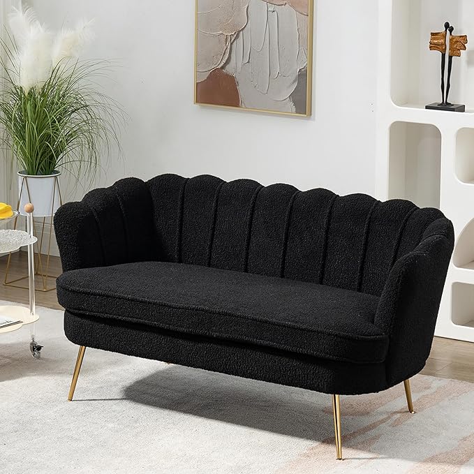 Boucle Small Sofa Couch for Small Spaces Living Room Bedroom59 Loveseat Couches with Gold Metal LegsChannel Tufted 2 Seater Sofas with Curved Back and Arms for ApartmentRV.