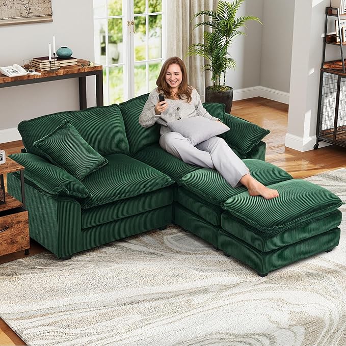 80.5'' Modular Sectional Sofa Cloud Couch Comfy Corduroy Double-Upholstered Sleeper Sofa Loveseat Sofa with Moveable Ottoman 2 Pillows and Detachable Armrest for Living Room Green
