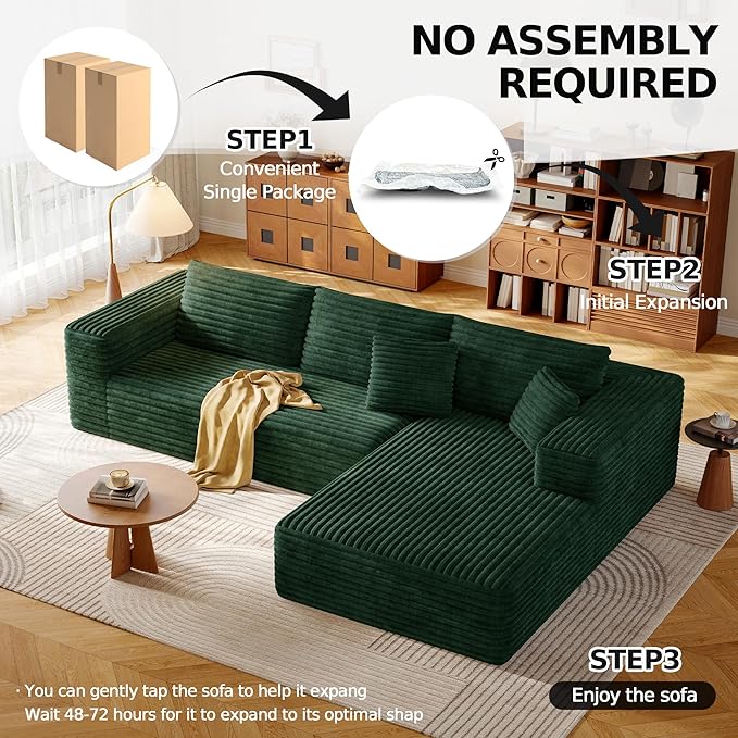 108.2 Modular Sectional Sofa with Deep Seat Boneless L Shaped Corduroy Couch Modern Comfort Cloud Couch Oversized for Living Room No Assembly (Right Facing ChaiseGreen)