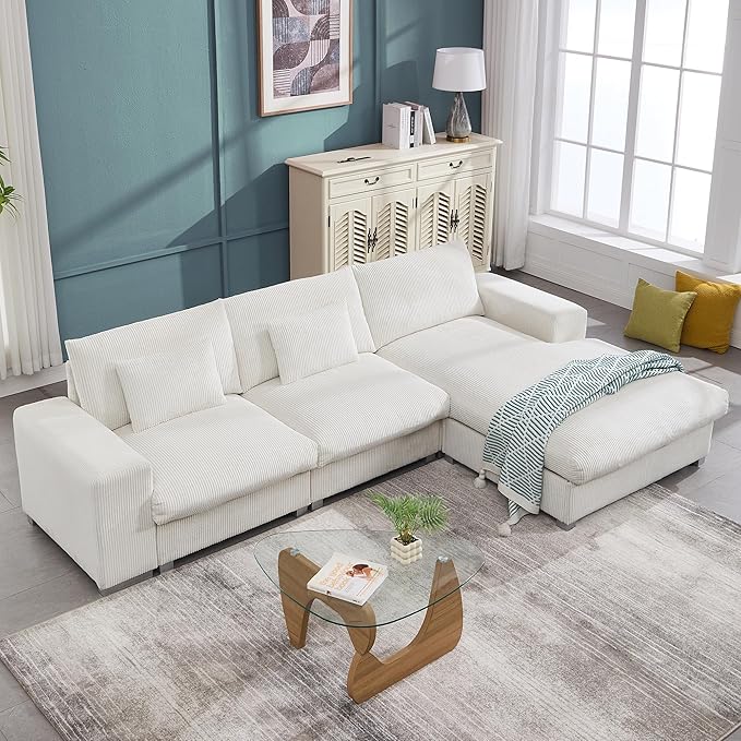 113 Inch Modular Sectional SofaModern l-Shaped Deep Seats Corduroy CouchSponge Couches with Chaise Lounge for Living Room Or Bedroom (White)