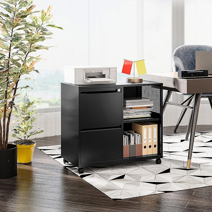 SISESOL 2 Drawer File Cabinet with Lock and ShelfMobile Lateral Filing CabinetMetal Filing Cabinets with Open Storage Shelves Organizer for Home Office Fit Legal/Letter A4 Size (Black)