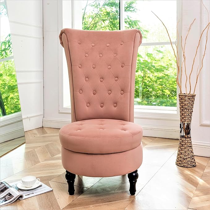 Royal High-Back Velvet Accent Chair for Vanity with Storage and Luxurious Upholstery Retro Design and Versatile Usage for Living Room Bedroom Lounge and Office Rose