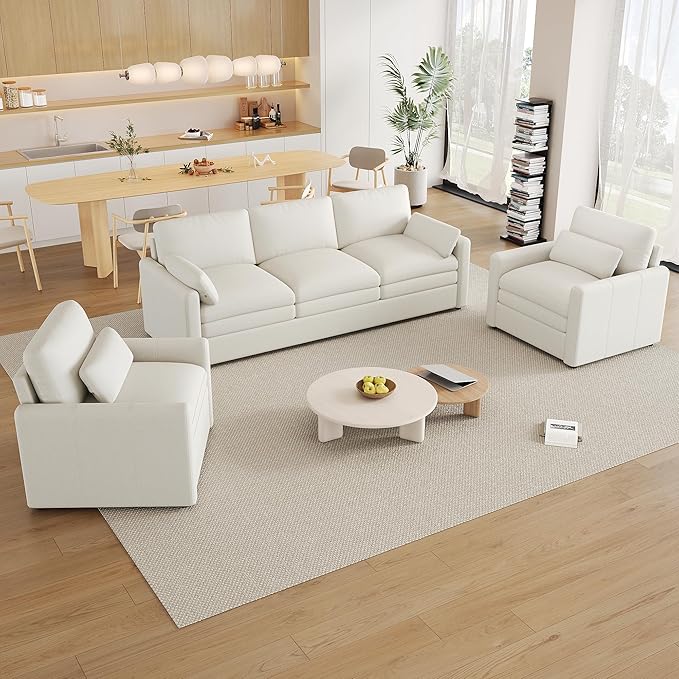 3-Piece Cozy Upholstered Sofa Set Upholstered Sofa Set with 2 Single Sofa Oversized Comfy Cloud Sofa for Living Room Office Apartment (Beige-6c)