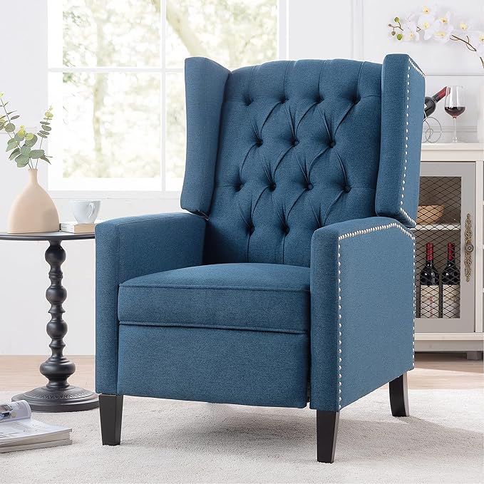 Wingback Recliner Chair Fabric Living Room Chairs Modern High Back Accent Chair Comfy Reading Chair Tufted Wing Back Chairs with Arms for Bedroom Office 27.16 Wide Blue