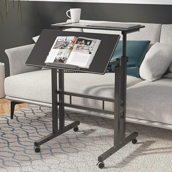 sogesfurniture Mobile Standing Computer Desk for Home Office Height Adjustable Laptop Workstation on Wheels with Keyboard Tray Small Portable Rolling Writing Table Sit to Stand Riser Black