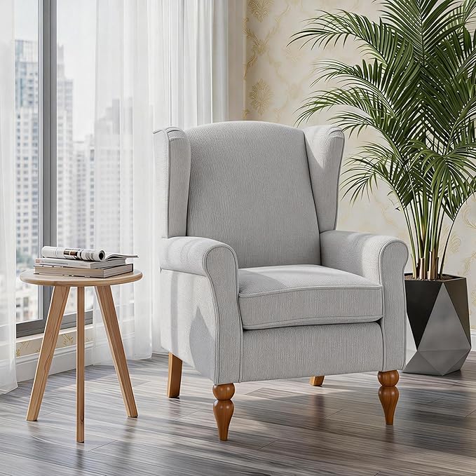 Modern Wingback Living Room Chair Upholstered Accent Armchair Single Sofa Chair with Lounge Seat and Wood Legs for Office/Bedroom/Reading Spaces Beige