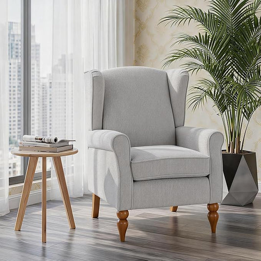 Modern Wingback Living Room Chair Upholstered Accent Armchair Single Sofa Chair with Lounge Seat and Wood Legs for Office/Bedroom/Reading Spaces Beige