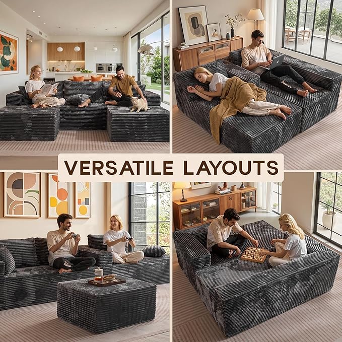 108 Boneless Cloud Couch with Ottoman Moudular Sectional Sofa with Deep Seat No Assembly Required Modern Minimalist Sofas with Chaise Comfy U Shaped Couches for Living Room Grey
