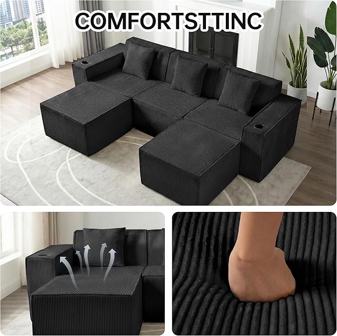 Cloud Modular Sectional CouchBoneless Corduroy Sofa for Living RoomU Shaped Sofa with OttomanDeep SeatNo Assembly Required (Black U Shaped 3 Seater + 2 Ottoman)