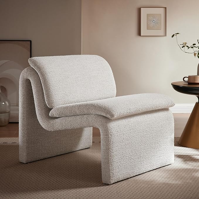 Modway Lume Curved Lounge Chair in Parchment Boucle Fabric – Modern Upholstered Armless Accent Chair with Padded Cushion - Unique Slipper Chair for Bedroom or Living Room
