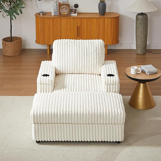 42.5 W Chaise Lounge Chair Indoor Oversized Corduroy Sleeper Chair with Wood Frame Upholstered Sofa Bed with Storage Ottoman &amp Armrest 2 Cupholders for Living Room Movie Room Bedroom