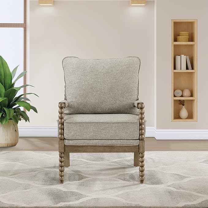 OSP Home Furnishings Fletcher Spindle Accent Chair with Rustic Brown Finish Fog Beige Upholstery
