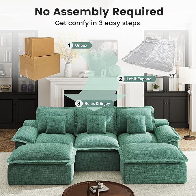 Modular Sectional Sofa 107'' Boneless Couches for Living Room 5-Seat Sofa with 2 Ottomans Cloud U Shaped Couch No Assembly Required Chenille Green