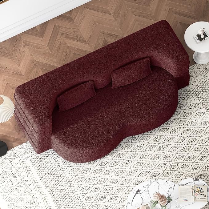 78” Floor Sleeper Sofa Bed Modern 2 in 1 Full Size Foldable Mattress with 2 Pillows Convertible Boneless Couch with Deep Seat for Living Room No Assembly Required (Burgundy &amp Teddy) | No Assemb