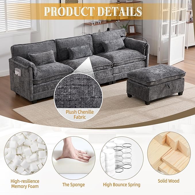 KEIKI 110 L-Shaped Boucle Modular Sectional Chenille Sofa with 1 Ottoman &amp Memory Foam Cushion &amp Phone Holder &amp USB Upholstered Modern Oversized 4-Seater Couch Easy Assembly for Living