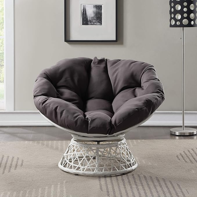 OSP Home Furnishings Wicker Papasan Chair with 360-Degree Swivel Cream Frame with Grey Cushion
