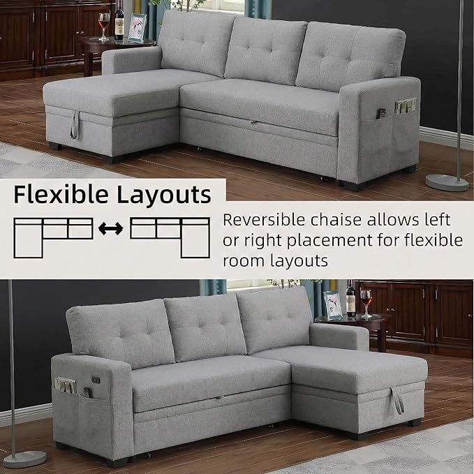 Convertible Sleeper Sofa Bed with Pull Out Couch L Shaped Couch with Chaise Storage USB Charge &amp Side Pocket Small Sectional Couches for Living Room Apartment | Linen Fabric | 82 | Light Grey