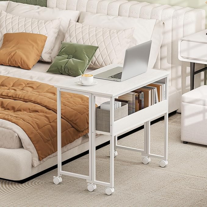 HOMCOM Small Folding Desk Rolling Computer Desk Foldable with Storage Bag and Shelf 31.5 Portable Writing Table on Wheels for Small Spaces Home Office Study Easy Assembly White