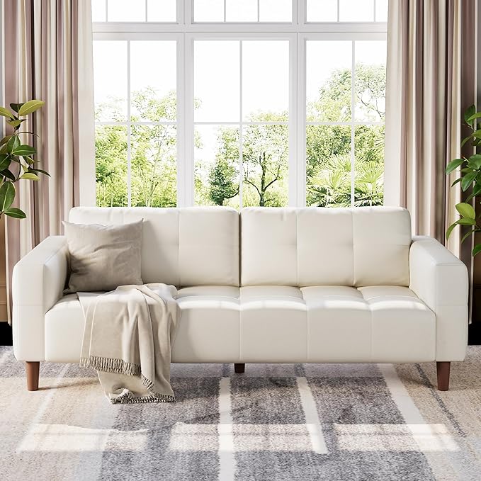 IDEALHOUSE 3-Seater Sofa Couch 83 in Wide Faux Leather Sofa Couch with Spring Cushion Modern Sofa with Deep Seats and 2 Removable Back Cushions for Living Room Bedroom Apartment Office Beige