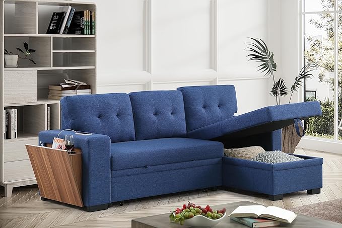 Ball &amp Cast L-Shape Reversible Sectional Sleeper Sofa Bed4 in 1 Pull Out Couch with Storage Chaise USB Ports &amp Cup HolderConvertible Sleeper Corner Couch Pull-Out Sofa Bedfor Living RoomOf