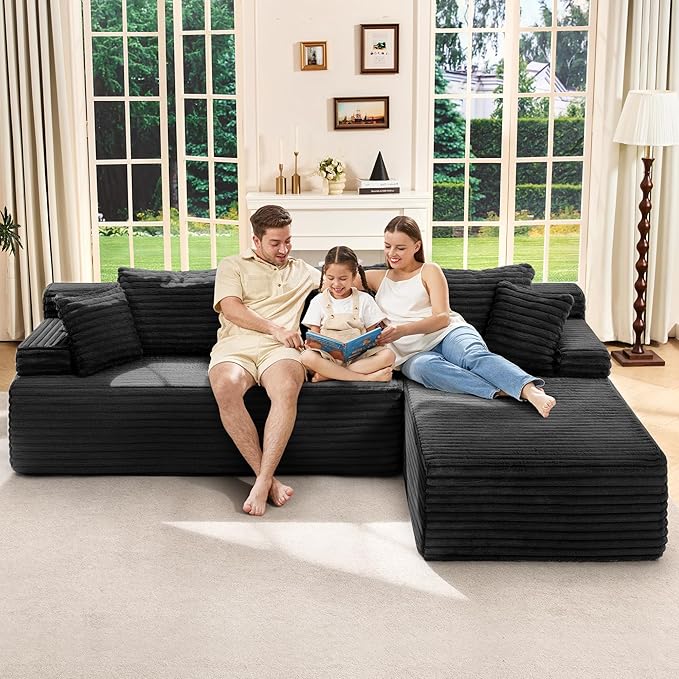 Hobestluk Modular Sectional Couch Sofa 108 Boneless Couches for Living Room Memory Foam Sectional Couch with Oversized ChaiseL-Shape Couches (Black Right Facing)