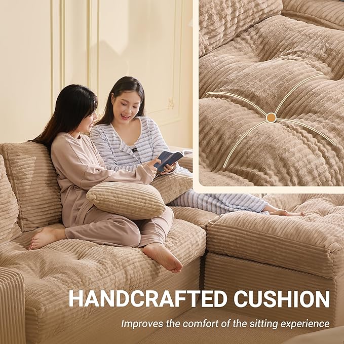 Modular Sectional Sofa 102” L-Shaped Corduroy Couch with Ottoman Deep Seat Comfy Sectional for Living Room Set of Soft Upholstered Cloud Couch for Apartment Camel