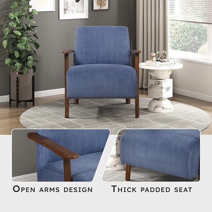 Lexicon Modern Accent Chair with Solid Wood Frame in Brown Finish Corduroy Fabric Upholstered Living Room Lounge Arm Chair Thick and Comfy Innerspring Seat Cushion Blue