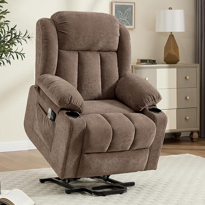 Power Lift Recliner Chair for Elderly with Massage and Heat Reclining Sofa Chair with USB &amp Type-C Ports and Cup Holders L1288(Brown)