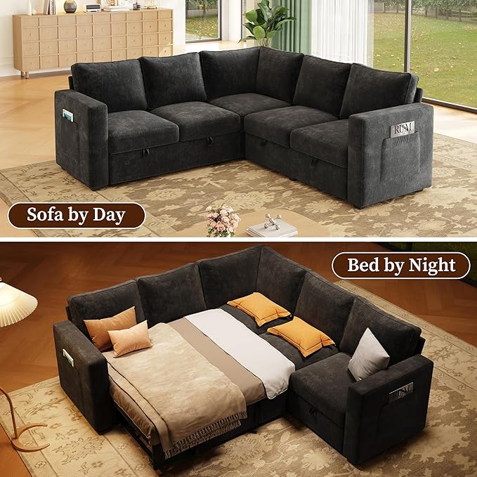 83.5 Sectional Sleeper Sofa with Pull Out Couch Modern 5 Seat L Shaped Modular Couch Sectionals Modular Sofa with Storage Comfy Sectional Couches for Living Room &amp Apartment Dark Gray