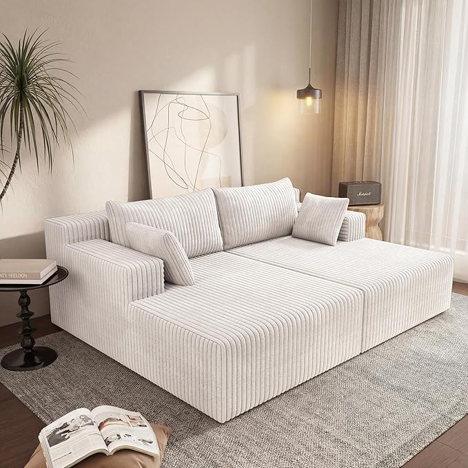 71-Inch Fluffy Corduroy Boneless Sleeper Daybed Loveseat Double Recliner Chaise Lounge Sofa Couches Floor Cloud Sofa Chaise W/4 Pillows for Home Apartment Living Room
