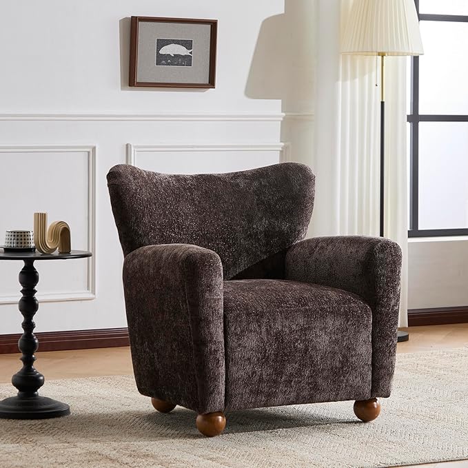 Christopher Knight Home Lindy Wingback Accent Chair Upholstered Armchair with Rounded Wooden Legs Curved Backrest Single Sofa Soft Cushion Seating Comfy Lounge Chair for Living Room Dark Brown