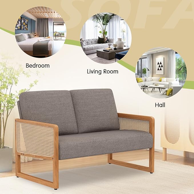 Modern Loveseat Bench Couch with Natural Rattan Arm Upholstered Linen Small Love Seat Sofa 2-Seats Living Room Couch Settee Comfy Lounge Recliner Chair-Taupe