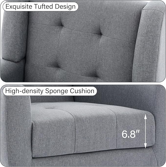 Accent Chair Comfy Mid Century Modern Small Armchairs with Solid Wood Frame and Soft Cushion for Living Room Bedroom (Fabric Grey Set of 2)