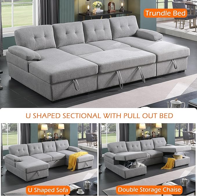 BEEY Sofa Bed 118 Oversized Sleeper Sectional Sofa with Storage Chaise U Shaped Sectional Couch with Pull Out Bed 6 Seater Pull Out Couch Bed for Living Room Bedroom (Light Grey_4 Seater)