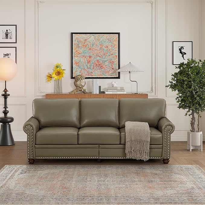 82 Faux Leather Pu Couch Underseat Storage Classic Sofa Elegance 3 Seat with Rolled Armrests Nailhead Trim Wood Legs Classic Living Room Accent Sofa 3 Seat-Grey