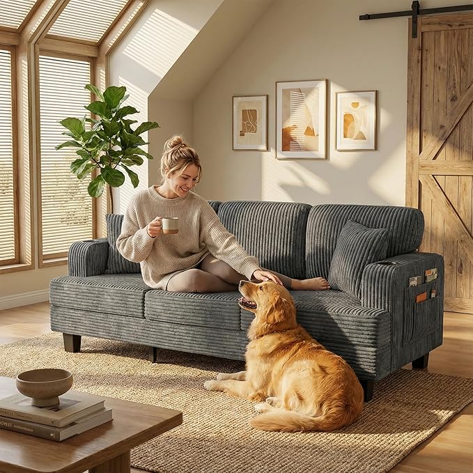 JUMMICO Corduroy Couches for Living Room 3 Seater Couch with Cup Holders and Removable Cover Small Sofa with Deep Seats for Apartment Terrace or Loft (Gray)