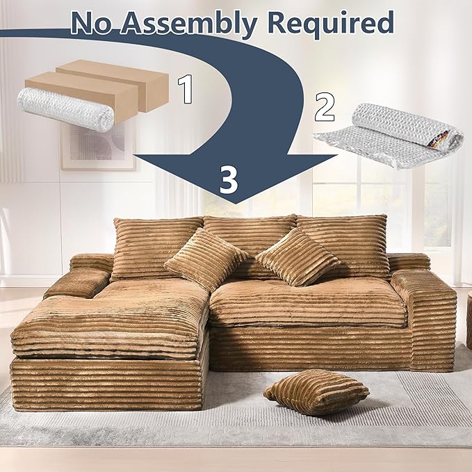 KIVENJAJA 98.8'' Small L-Shaped Sectional Couch with Chaise Fluffy Corduroy Cloud Couches Compression Boneless Sofa for Home Living Room Apartment Office No Assembly Required Brown