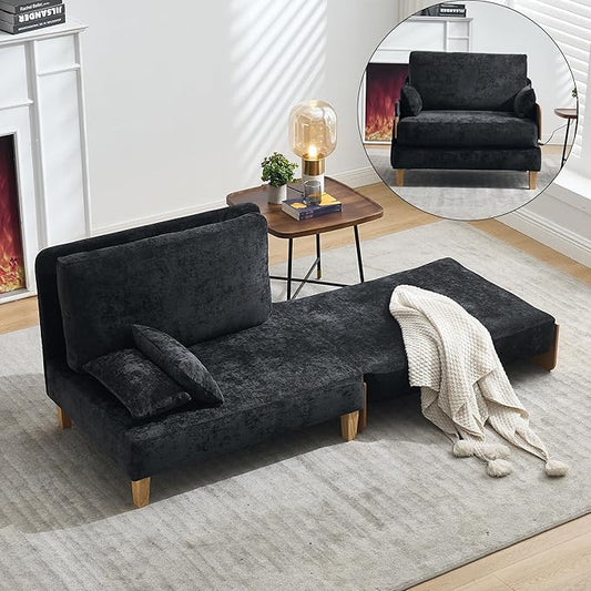 Mid-Century Modern Accent Chair 2-in-1 Foldable Sofa Couch Convertible Sleeper Bed Extra Wide Upholstered Armchair with 3 Pillows &amp Side Pocket for Living Room Bedroom (Black)