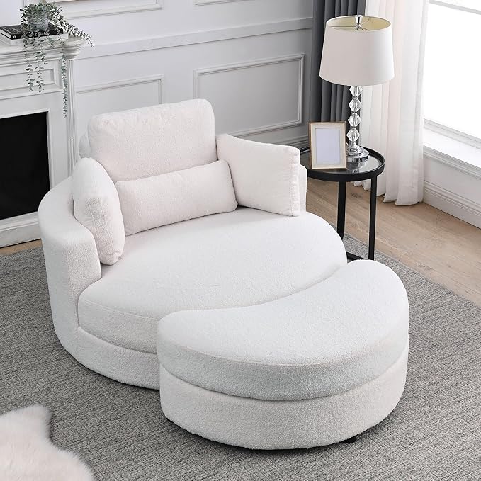Oversized Swivel Accent Round Chair Modern Upholstered Sofa with Pillows Cozy Leisure Chair for Living Room Bedroom Home Office Club (Teddy Ivory)