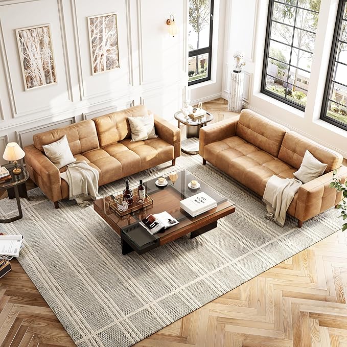 IDEALHOUSE 3-Seater Sofa Couch 83 Wide Faux Leather Sofa Couch with Spring Cushion Modern Sofa with Deep Seats and 2 Removable Back Cushions