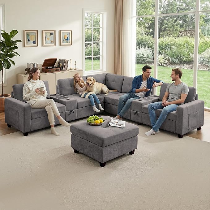 104'' Modular Sectional Sofa with 2 Tech Consoles Oversized U Shaped Couch Set with USB Charger Storage Movable Ottoman Chenille Large Sectional Couches for Living Room (Grey)