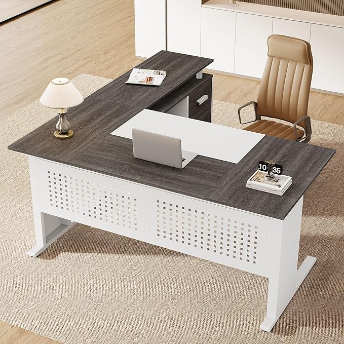 Tribesigns 63-Inch L-Shaped Executive Desk with Storage Shelves Large Office Computer Desk with Drawers and File Cabinet Industrial Business Workstation for Home Office Gray and White
