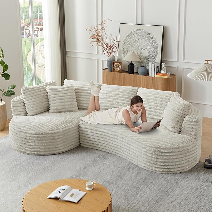 Plush Corduroy Cloud Sectional Sofa with Curved Chaise Oversized 2 Pieces Modular Lounge Sofa with Deep Seat Upholstered Sponge Compressed Couches for Living Room BedroomNo Assembly Required