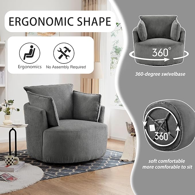 Swivel Accent ChairModern Accent Chairs for BedroomLiving Room Chair ComfyCorduroy Arm Chair360°Swivel Barrel Chairs for Living Room(1 Dark Gray)