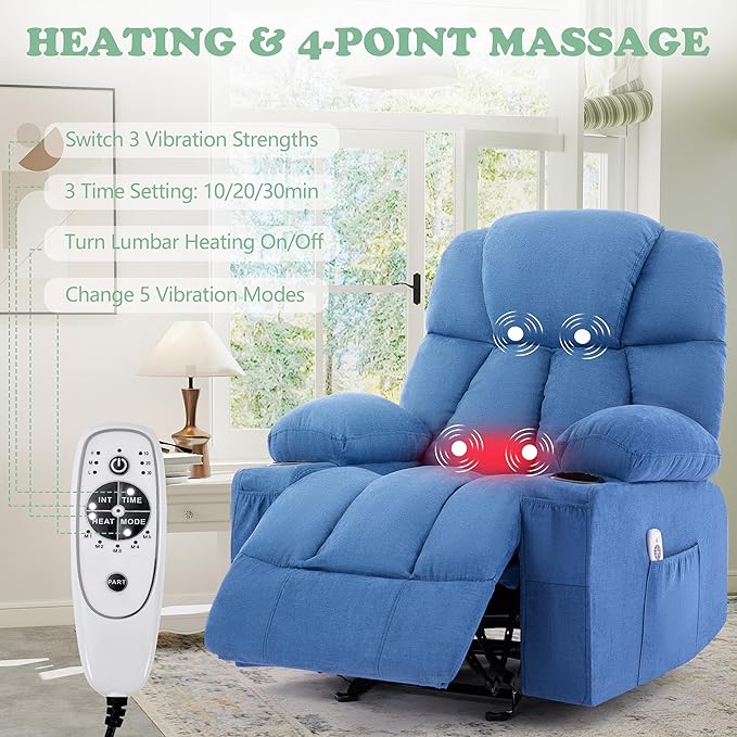 Manual Recliner Chair Rocker Recliner with Vibration Massage &amp Heat Ergonomic Reclining Fabric Living Room Chairs for Bedroom Nursery Single Sofa with 4 Pockets 2 Cup Holders Blue