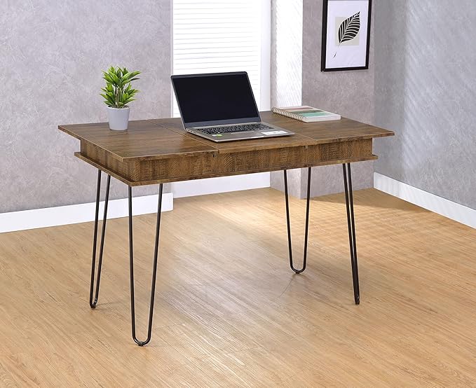 Coaster Home Furnishings – Sheeran – 47-Inch Writing Desk with Four Compartments Mid-Century Modern Style Black Hairpin Legs and Spacious Surface – Home Office &amp Living Room – Rustic Amber - 80