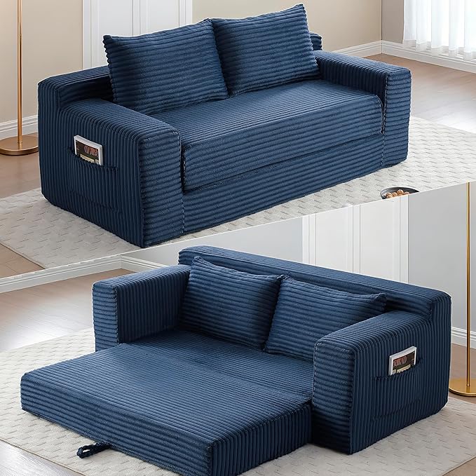 73 Convertible Sofa Bed Pull Out Loveseat Sleeper Sofa with Side Pockets 2 in 1 Folding Couch Bed Fold Out Floor Couch Lounge Sofa with 2 Pillows for Living Room Apartment (Blue)